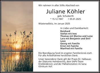 Traueranzeige von Juliane Köhler von Frankenpost