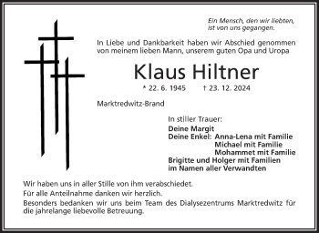 Traueranzeige von Klaus Hiltner von Frankenpost