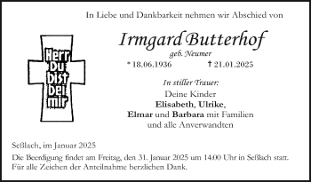 Traueranzeige von Irmgard Butterhof von Neue Presse Coburg