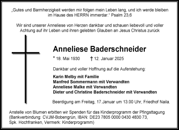 Traueranzeige von Anneliese Baderschneider von Frankenpost