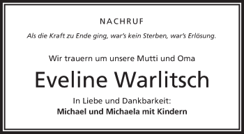 Traueranzeige von Eveline Warlitsch von Frankenpost