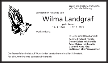 Traueranzeige von Wilma Landgraf von Frankenpost