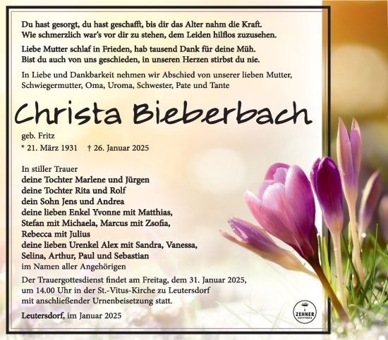 Traueranzeige von Christa Bieberbach von Südthüringer Presse