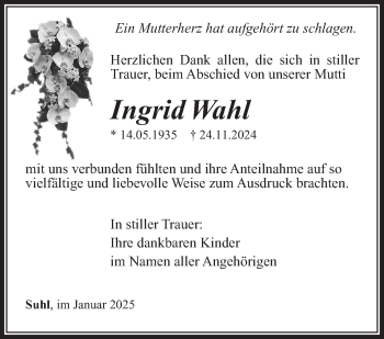 Traueranzeige von Ingrid Wahl von Südthüringer Presse