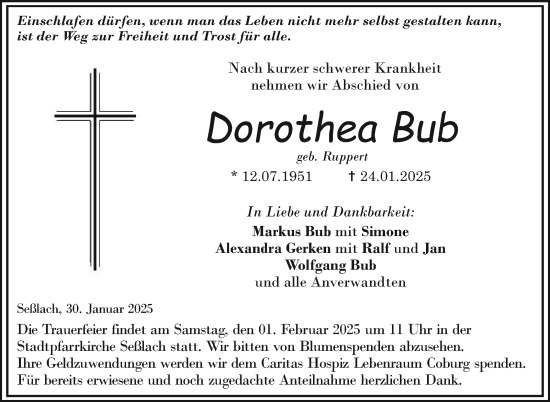 Traueranzeige von Dorothea Bub von Neue Presse Coburg