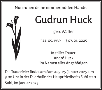 Traueranzeige von Gudrun Huck von Südthüringer Presse