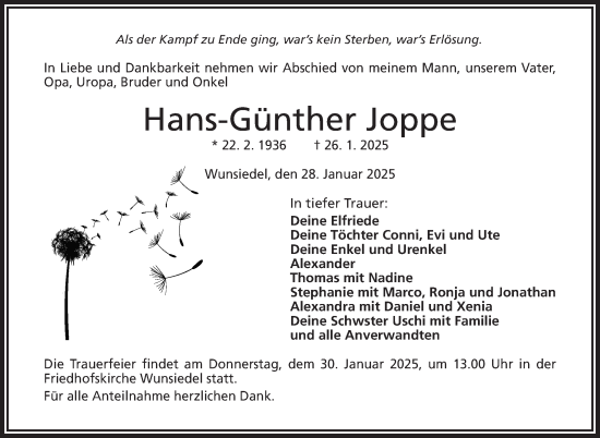 Traueranzeige von Hans-Günther Joppe von Frankenpost