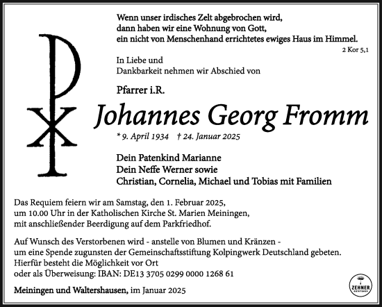 Traueranzeige von Johannes Georg Fromm von Südthüringer Presse