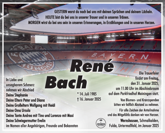 Traueranzeige von René Bach von Südthüringer Presse