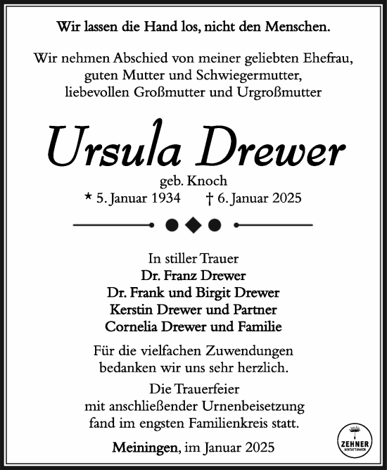 Traueranzeige von Ursula Drewer von Südthüringer Presse