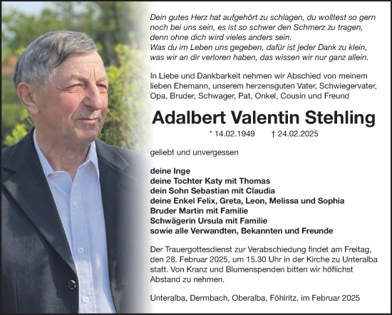 Traueranzeige von Adalbert Valentin Stehling von Südthüringer Presse