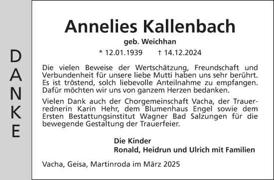 Traueranzeige von Annelies Kallenbach von Südthüringer Presse