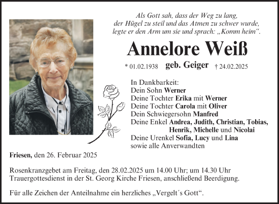 Traueranzeige von Annelore Weiß von Neue Presse Coburg