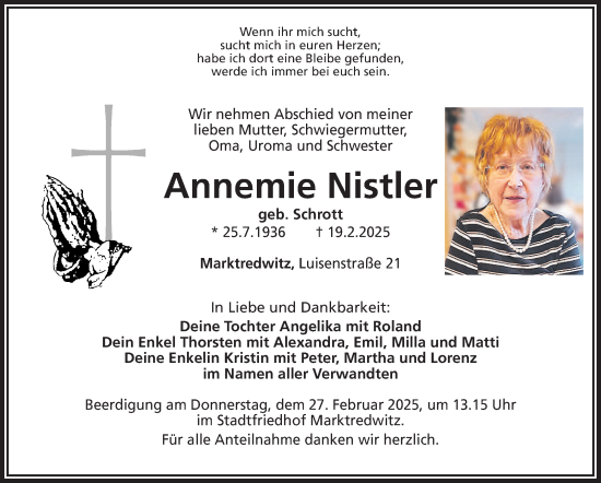 Traueranzeige von Annemie Nistler von Frankenpost