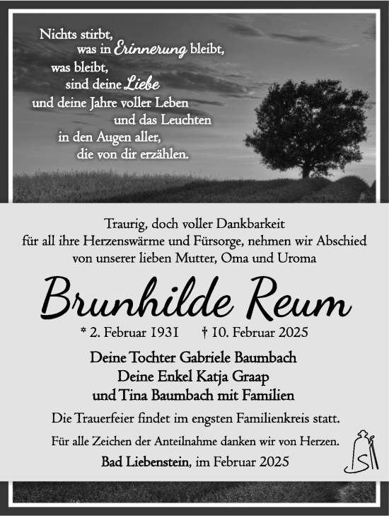 Traueranzeige von Brunhilde Reum von Südthüringer Presse