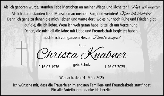 Traueranzeige von Christa Knabner von Neue Presse Coburg