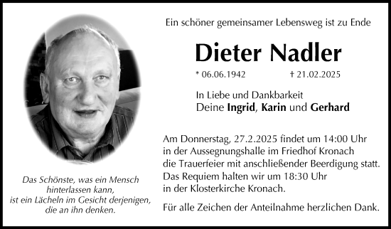 Traueranzeige von Dieter Nadler von Neue Presse Coburg