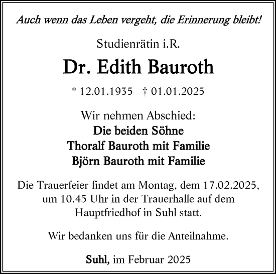 Traueranzeige von Edith Bauroth von Südthüringer Presse