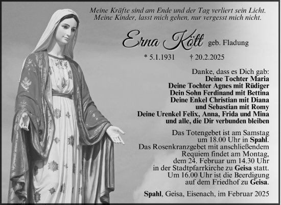 Traueranzeige von Erna Kött von Südthüringer Presse