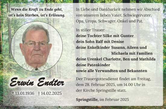 Traueranzeige von Erwin Endter von Südthüringer Presse