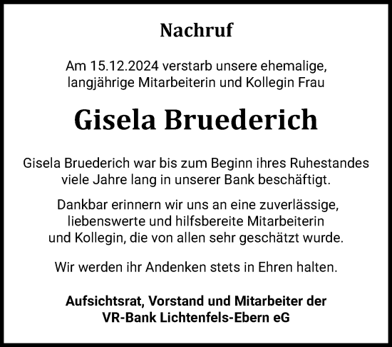 Traueranzeige von Gisela Brüderich von Südthüringer Presse