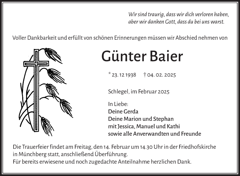  Traueranzeige für Günter Baier vom 11.02.2025 aus Frankenpost