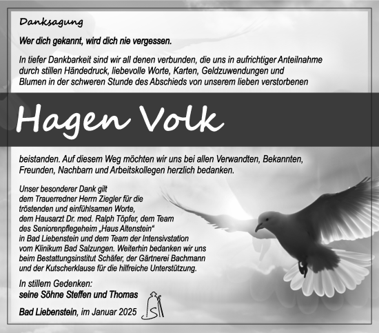 Traueranzeige von Hagen Volk von Südthüringer Presse