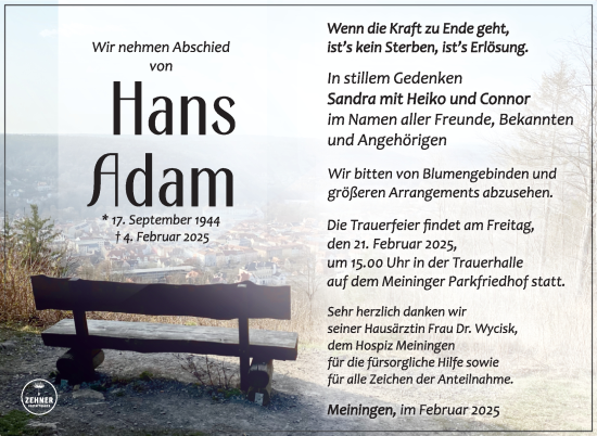 Traueranzeige von Hans Adam von Südthüringer Presse