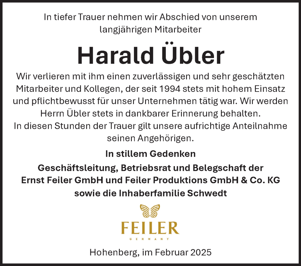  Traueranzeige für Harald Übler vom 14.02.2025 aus Frankenpost