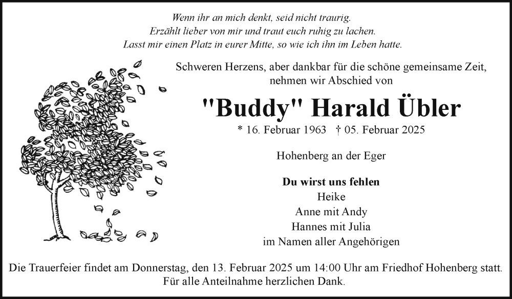  Traueranzeige für Harald Übler vom 12.02.2025 aus Frankenpost