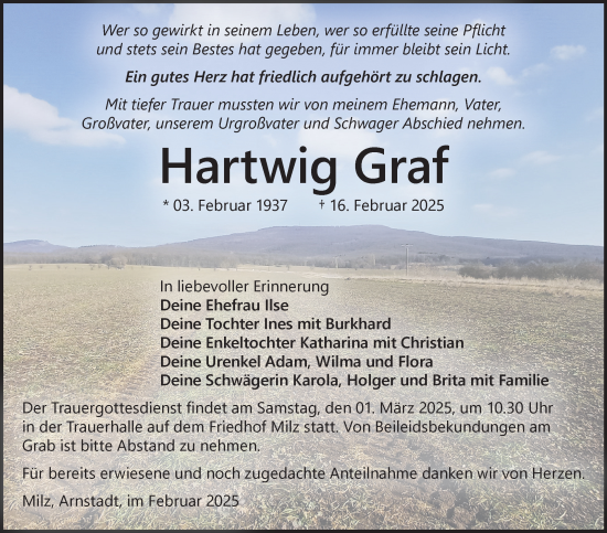 Traueranzeige von Hartwig Graf von Südthüringer Presse