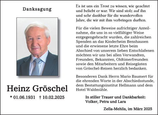 Traueranzeige von Heinz Gröschel von Südthüringer Presse