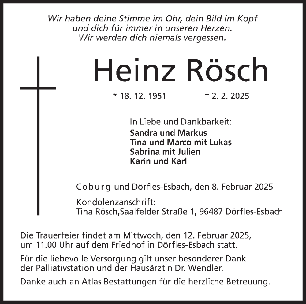  Traueranzeige für Heinz Rösch vom 08.02.2025 aus Neue Presse Coburg