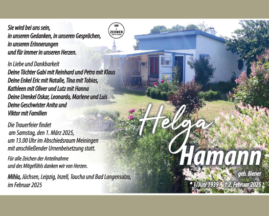 Traueranzeige von Helga Hamann von Südthüringer Presse