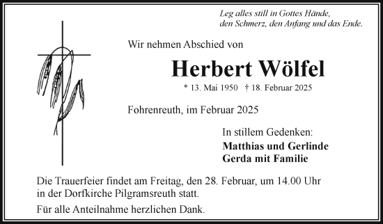 Traueranzeige von Herbert Wölfel von Frankenpost