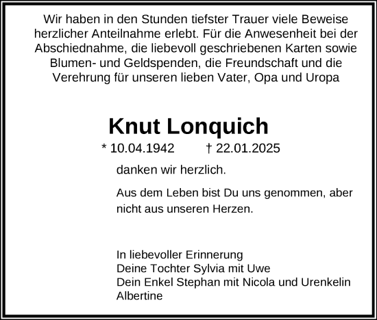 Traueranzeige von Knut Lonquich von Südthüringer Presse