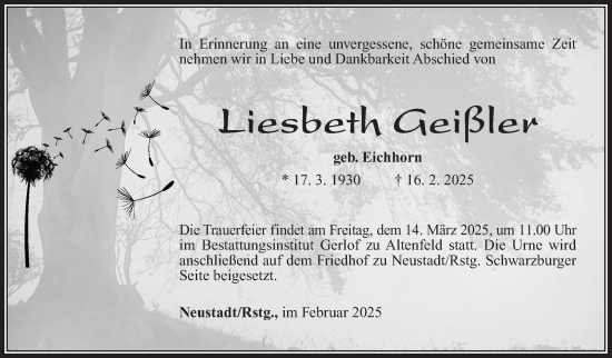 Traueranzeige von Liesbeth Geißler von Südthüringer Presse