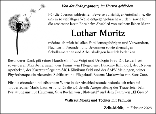 Traueranzeige von Lothar Moritz von Südthüringer Presse