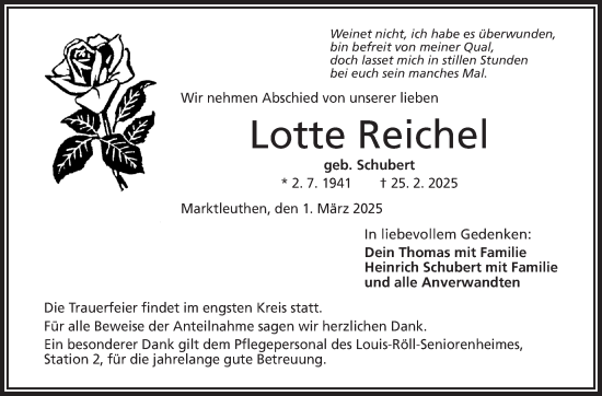 Traueranzeige von Lotte Reichel von Frankenpost