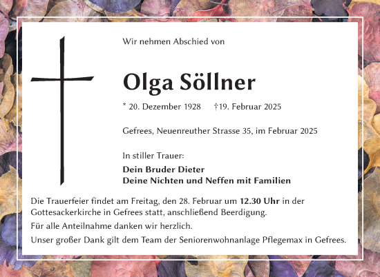 Traueranzeige von Olga Söllner von Frankenpost