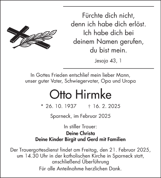 Traueranzeige von Otto Hirmke von Frankenpost