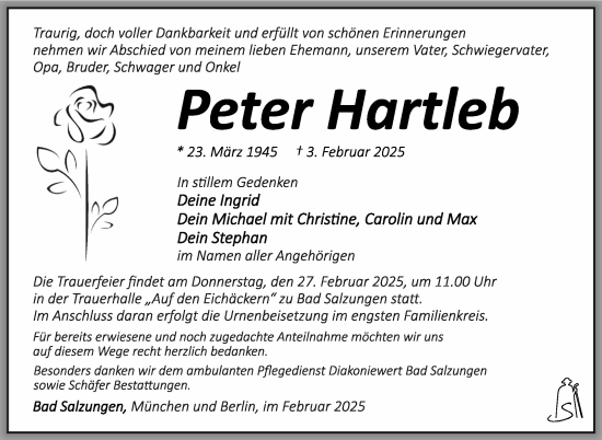 Traueranzeige von Peter Hartleb von Südthüringer Presse