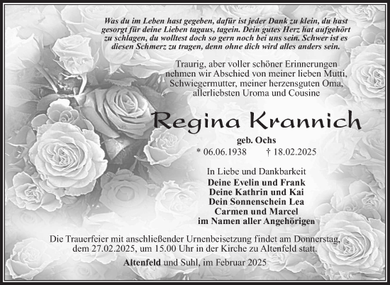 Traueranzeige von Regina Krannich von Südthüringer Presse