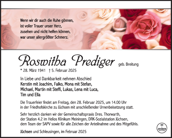 Traueranzeige von Roswitha Prediger von Südthüringer Presse