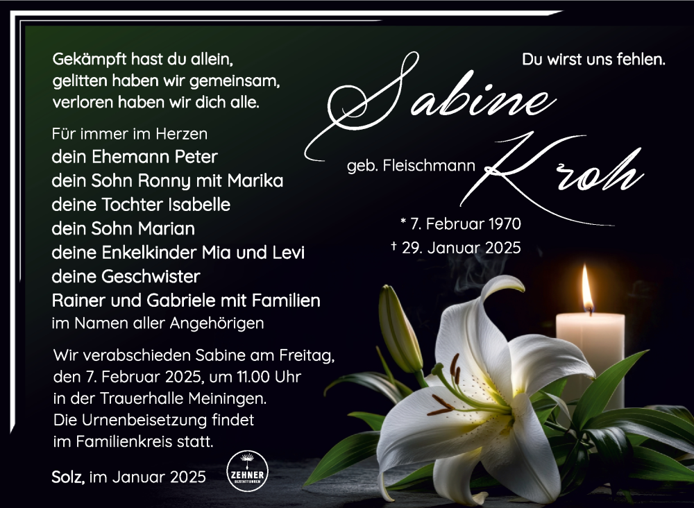  Traueranzeige für Sabine Kroh vom 01.02.2025 aus Südthüringer Presse