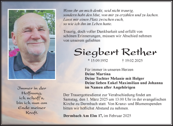 Traueranzeige von Siegbert Rether von Südthüringer Presse