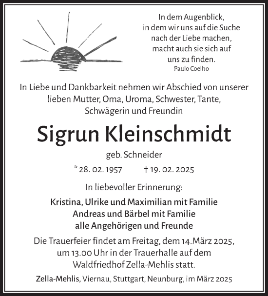 Traueranzeige von Sigrun Kleinschmidt von Südthüringer Presse