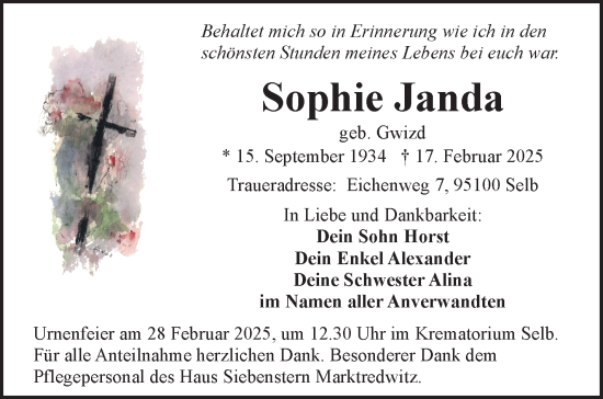 Traueranzeige von Sophie Janda von Frankenpost