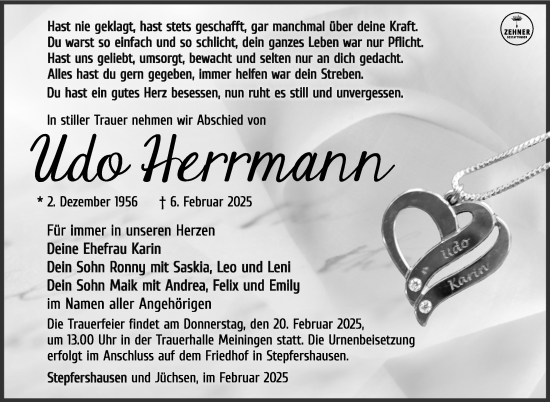 Traueranzeige von Udo Herrmann von Südthüringer Presse