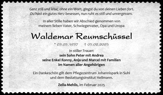 Traueranzeige von Waldemar Reumschüssel von Südthüringer Presse